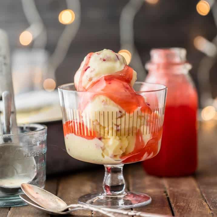 Spiked Peppermint Eggnog Ice Cream with Candy Cane Syrup