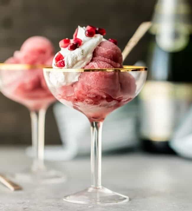 Pomegranate Champagne sorbet in glasses on a table