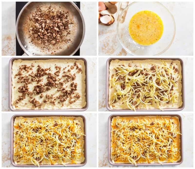Sheet Pan Breakfast Pizza is a favorite easy breakfast recipe! From the crescent roll crust to the eggs and cheese and everything in between, this pizza is filling and so easy to make! step by step photos for how to make breakfast pizza in a sheet pan