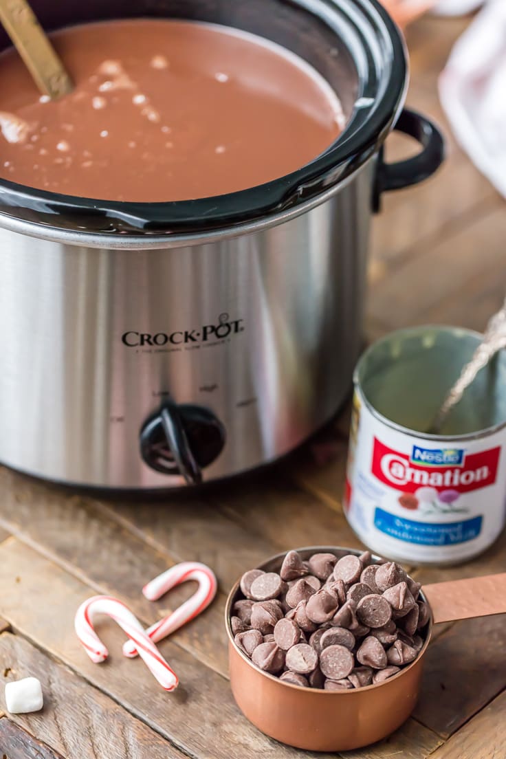 Slow Cooker Hot Chocolate recipe: A silver crockpot filled with hot chocolate