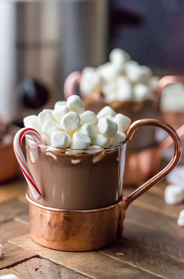 Slow cooker hot chocolate recipe in a glass mug