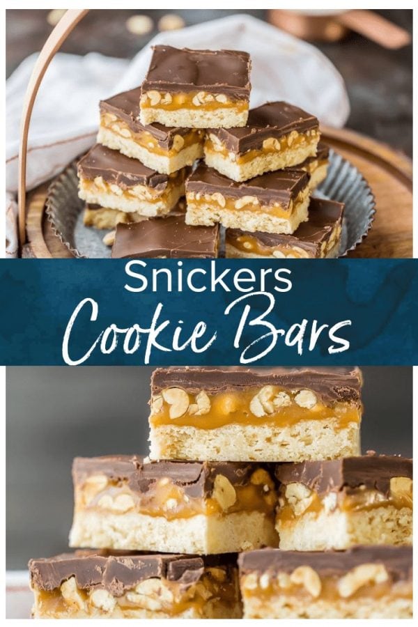 These Snickers Cookies Bars are made with a shortbread base, caramel, chocolate, and peanuts. It's the best Christmas cookie recipes ever! This cookie bars recipe tastes just like Snickers and they are just so delicious.
