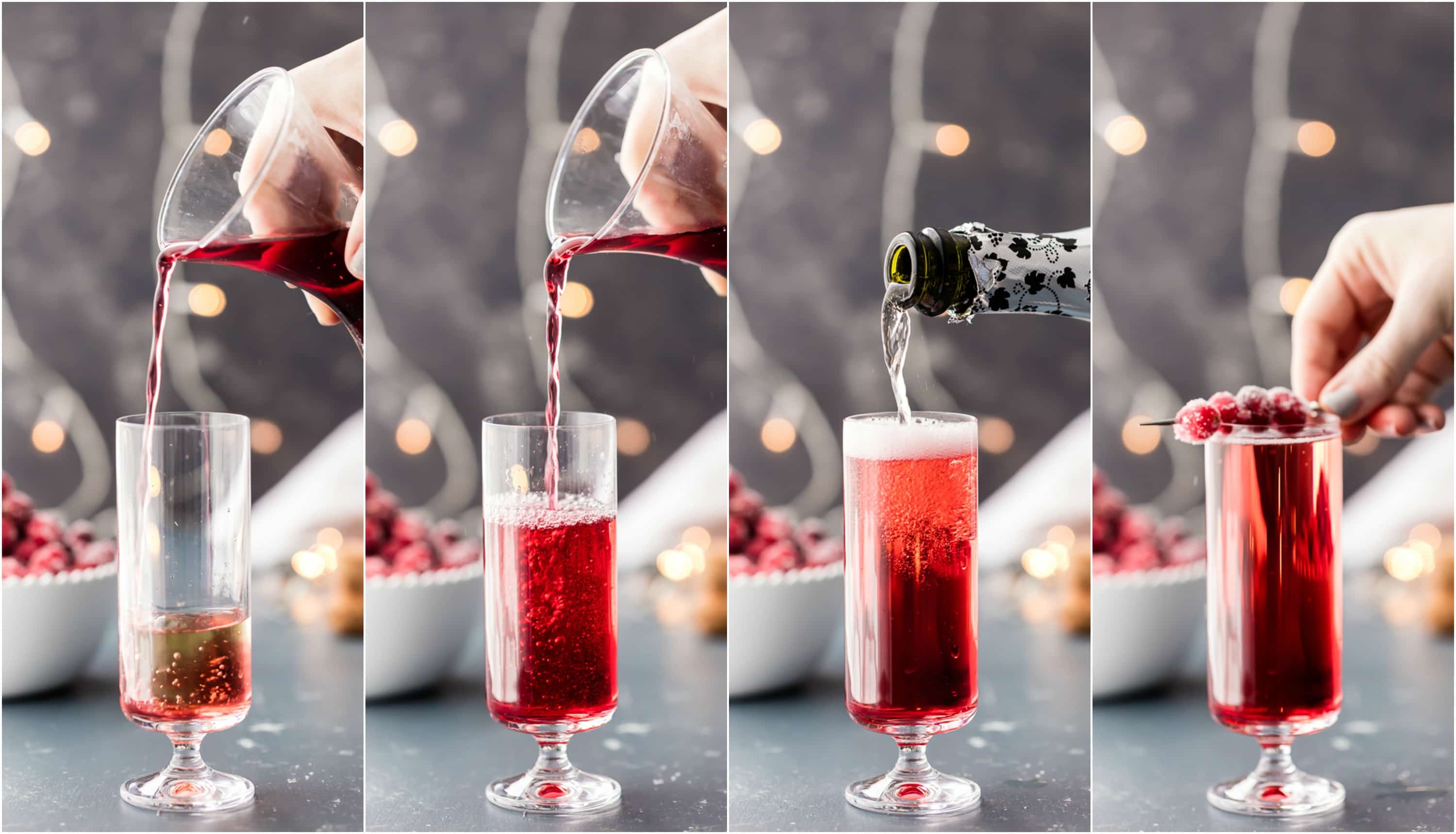 pictures of pouring cranberry juice and champagne with sugared cranberries