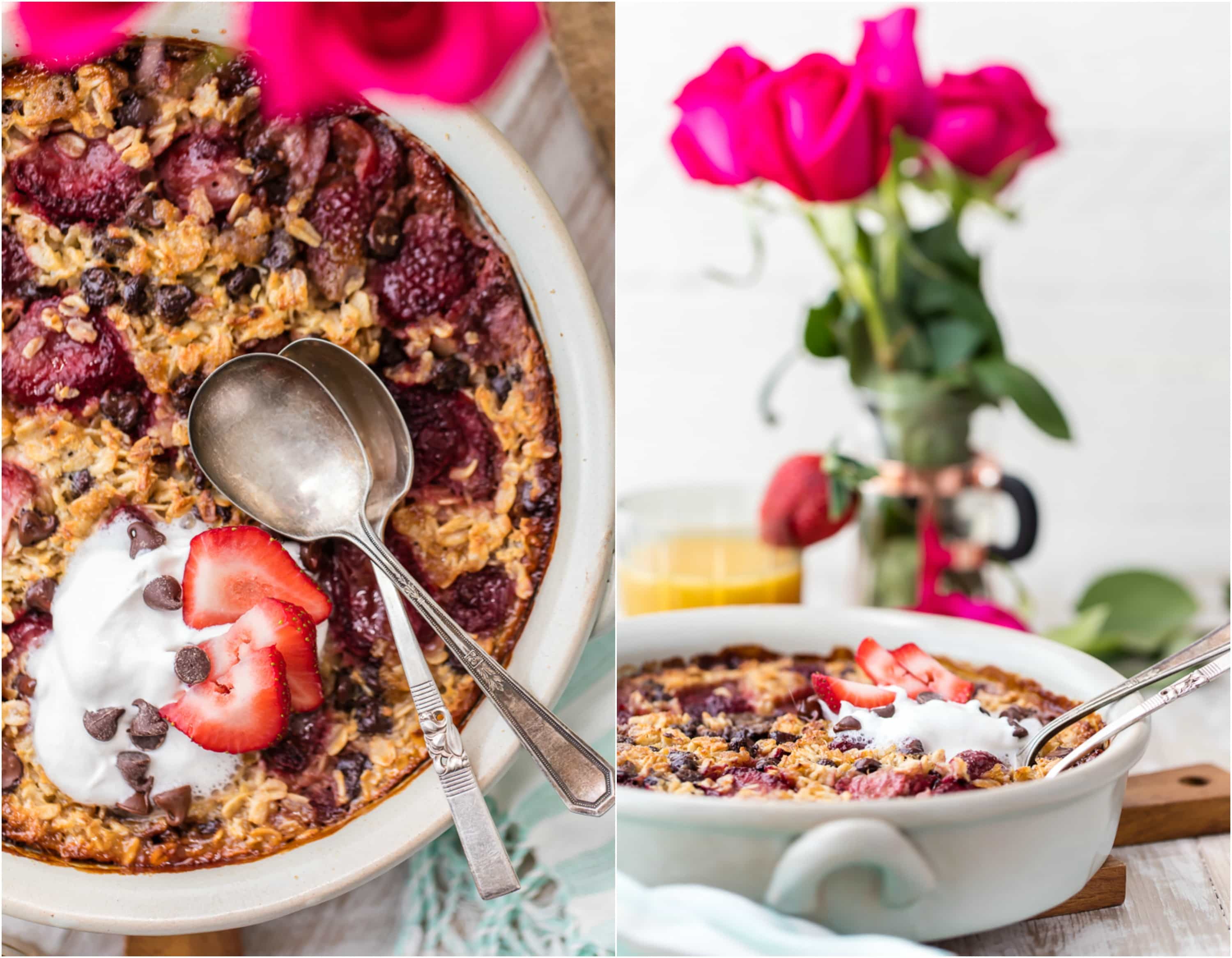 Chocolate Covered Strawberry Baked Oatmeal is the perfect breakfast in bed for Valentine's Day! This SUPER EASY Breakfast or Brunch recipe is ready from start to finish in under an hour and will please the entire family! Healthy recipe with a bit of decadence.