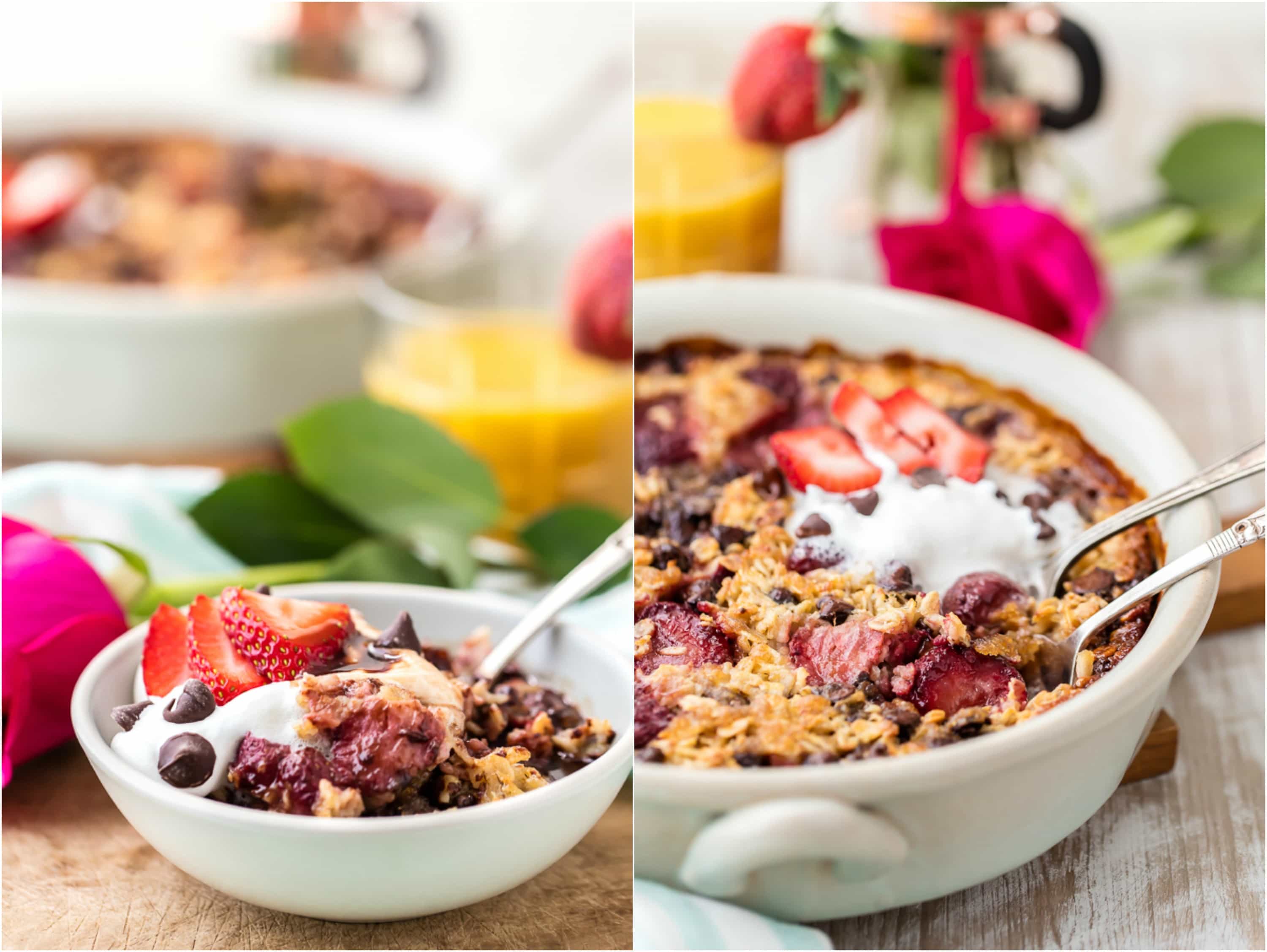 Chocolate Covered Strawberry Baked Oatmeal is the perfect breakfast in bed for Valentine's Day! This SUPER EASY Breakfast or Brunch recipe is ready from start to finish in under an hour and will please the entire family! Healthy recipe with a bit of decadence.