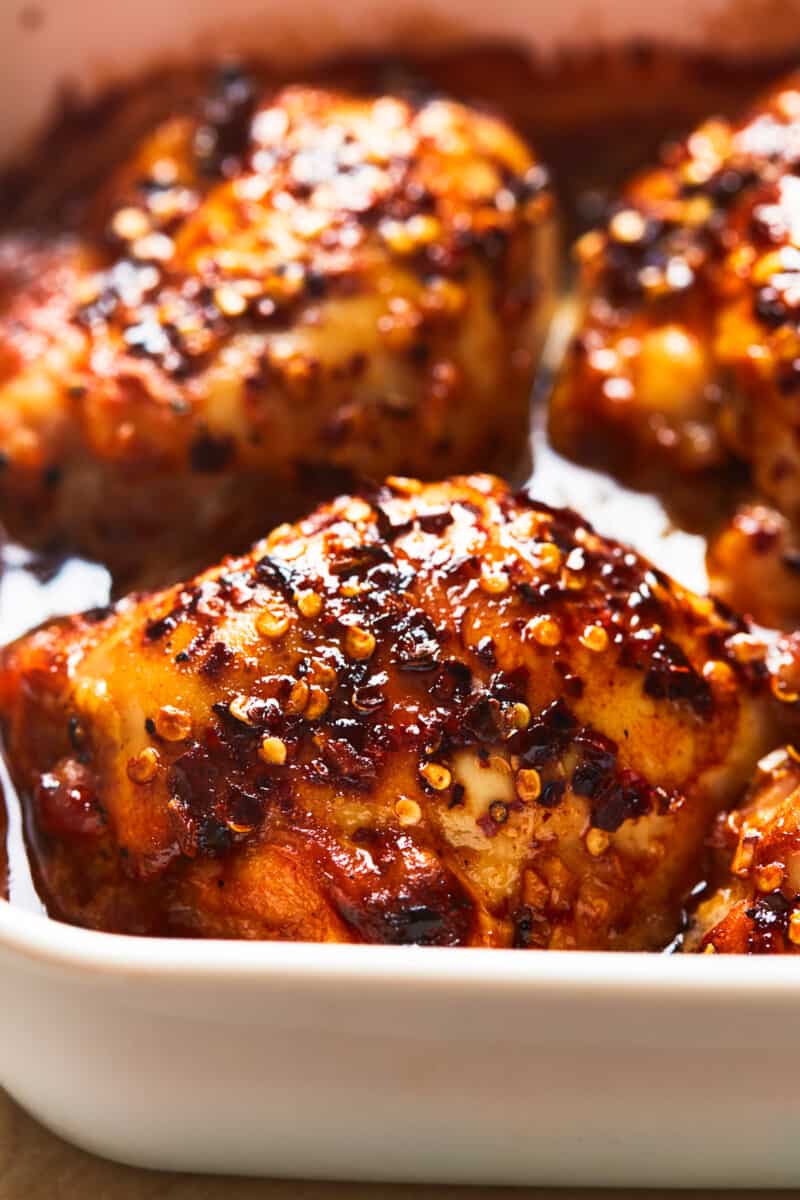 baked honey garlic chicken in casserole dish