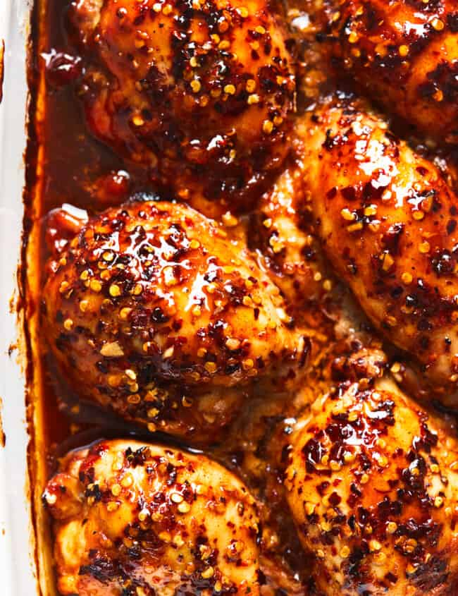 baked honey garlic chicken thighs in casserole dish