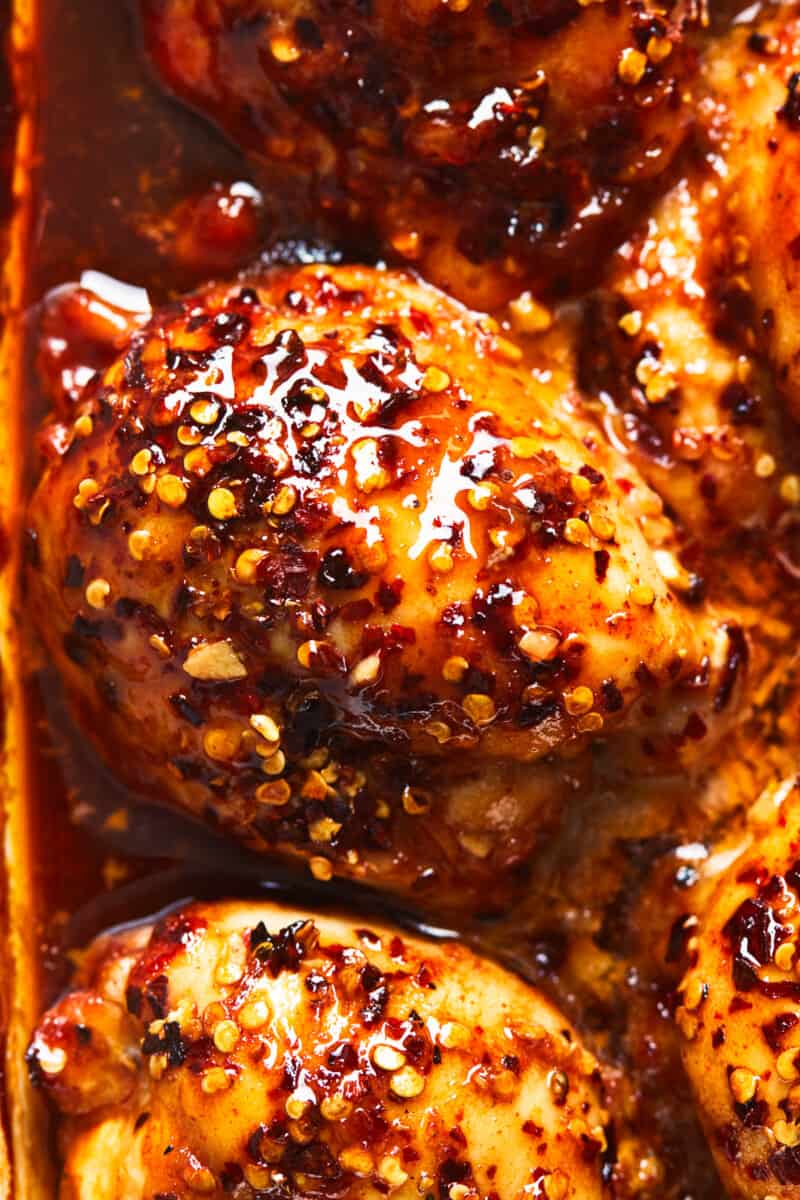 up close honey garlic chicken thighs