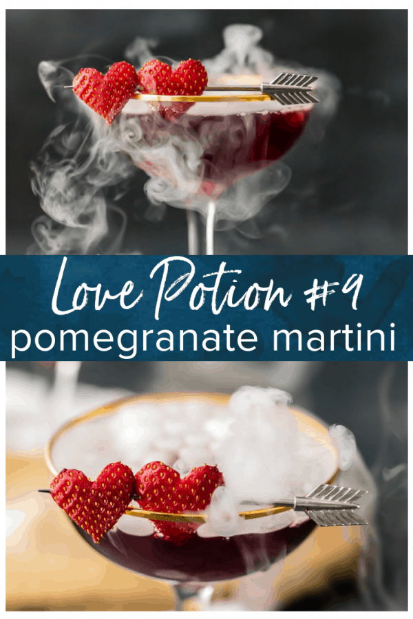 This Pomegranate Martini is the perfect Valentine's Day cocktail! It's a tasty triple berry martini with strawberry vodka, Chambord black raspberry liqueur, and pomegranate juice. Plus there's a little dry ice trick to really put on a show. It's one of my favorite Valentine's Day drinks!
