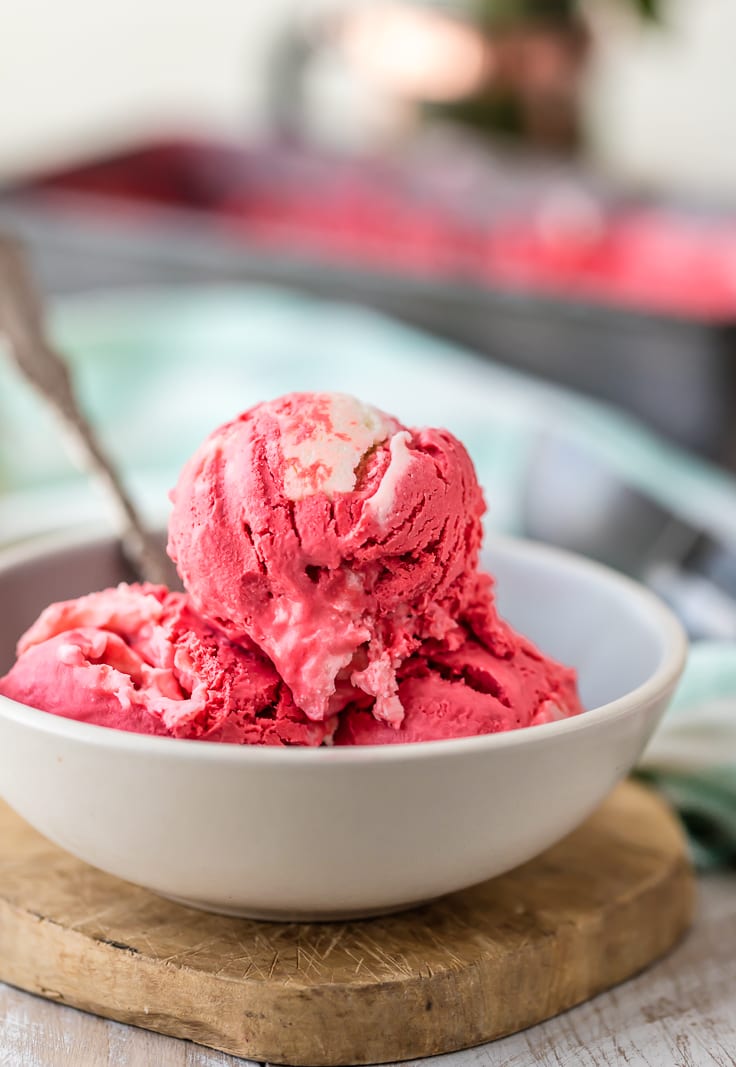 red velvet ice cream in a white bowl