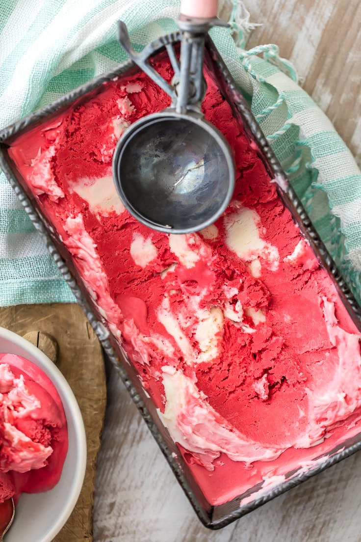 homemade ice cream in a container, with an ice cream scoop