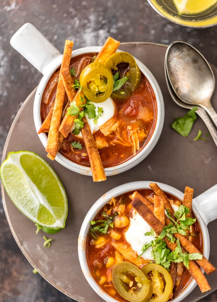Skinny Slow Cooker Chicken Tortilla Soup is my absolute FAVORITE SOUP recipe for Winter! Spicy, easy, and delicious. Throw all the ingredients in a crockpot and you're done! Easy fried tortillas make the perfect topper!