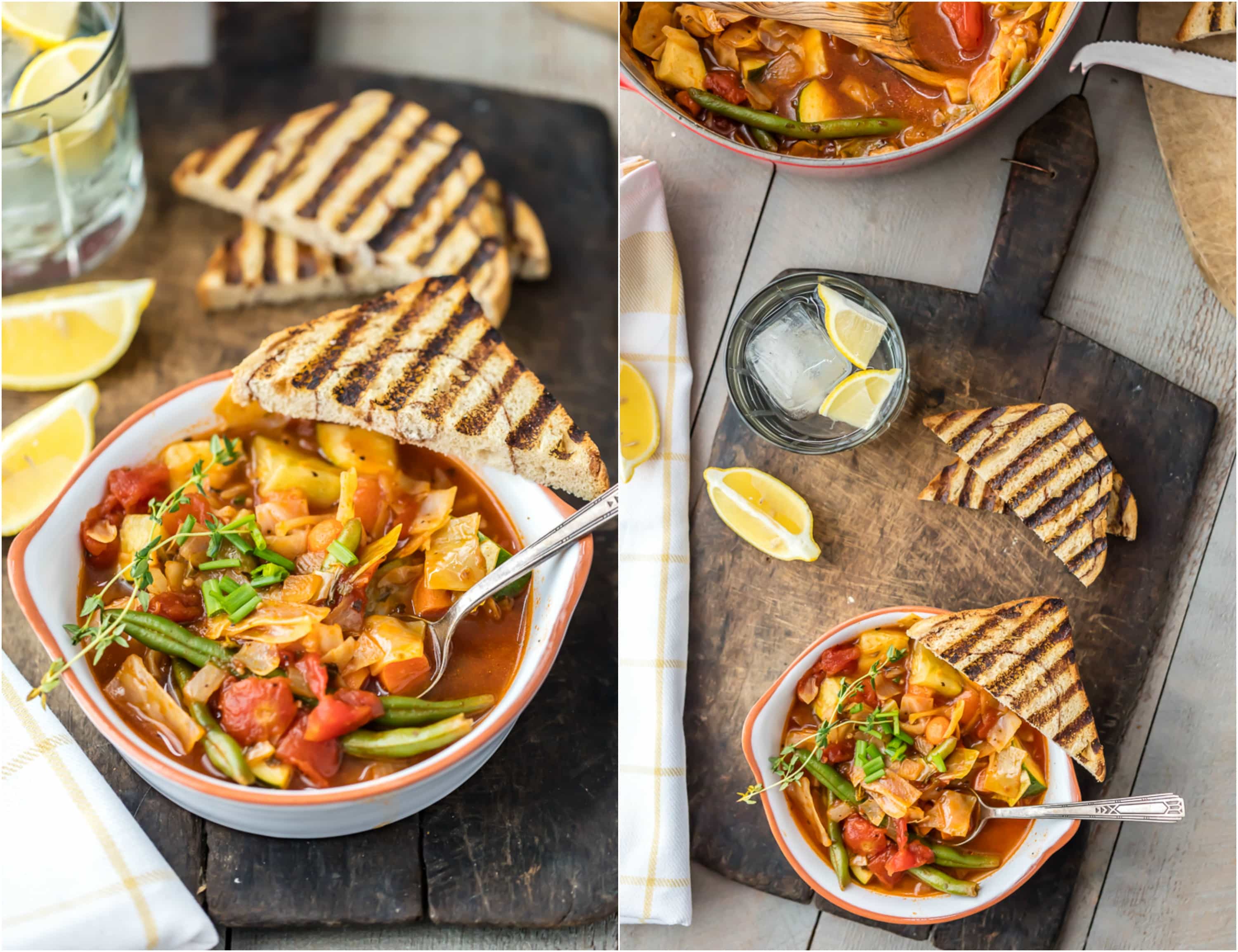 two photos side by side: both features bowls of tomato, vegetable, cabbage soup