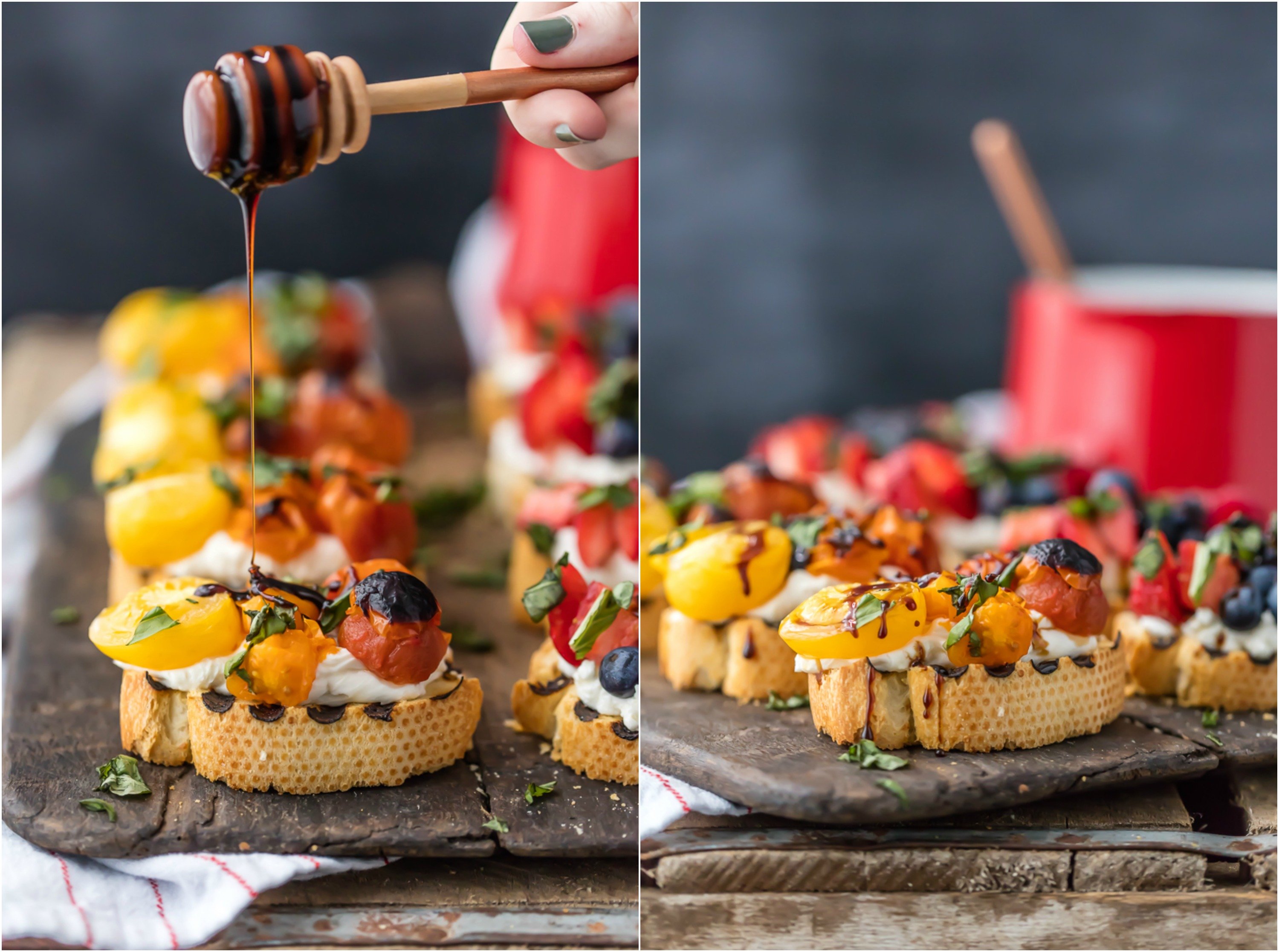 balsamic reduction being drizzled on bruschetta