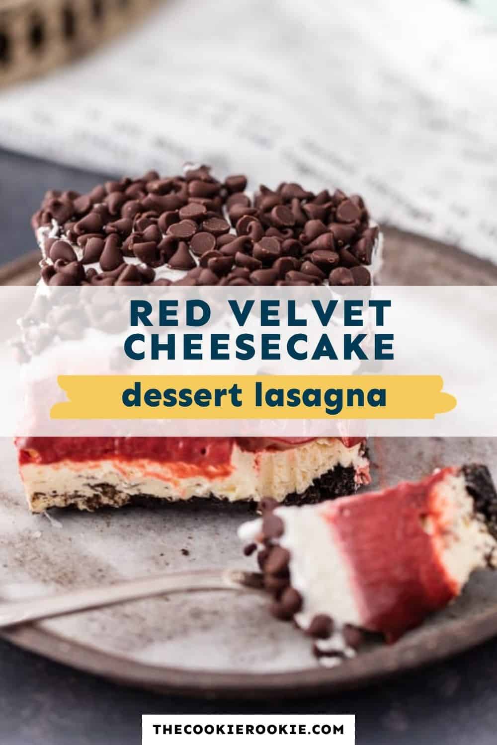 Red Velvet Cheesecake Dessert Lasagna pin image