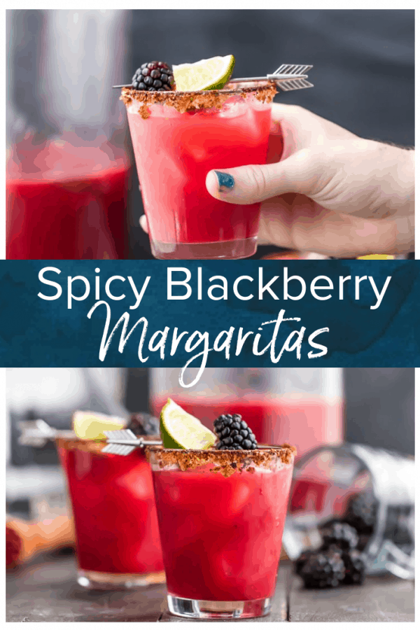 Blackberry Margaritas for a crowd are THE BEST margaritas ever! Even better, this is a fun and SPICY margarita recipe. This easy cocktail recipe uses tequila, blackberry brandy, green chiles, fresh fruit, agave, orange juice, and lime. Rimmed with chili salt. Cheers! #thecookierookie #spicymargarita #margaritas #blackberry #cocktails #drinks #cincodemayo