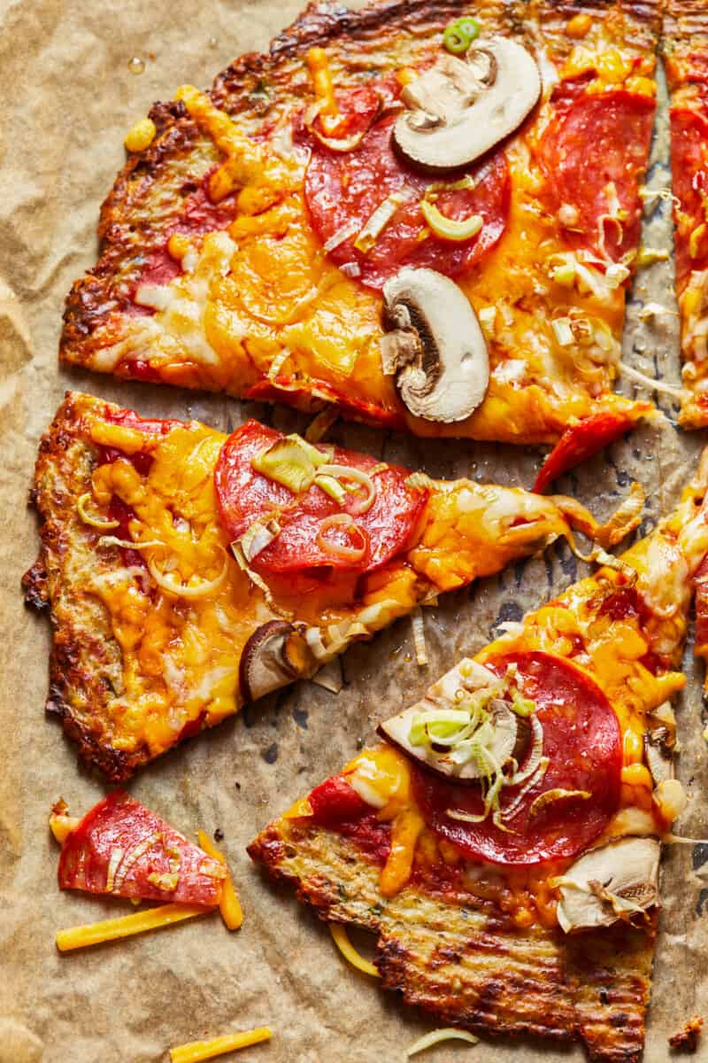 slices of pizza made with cauliflower pizza crust