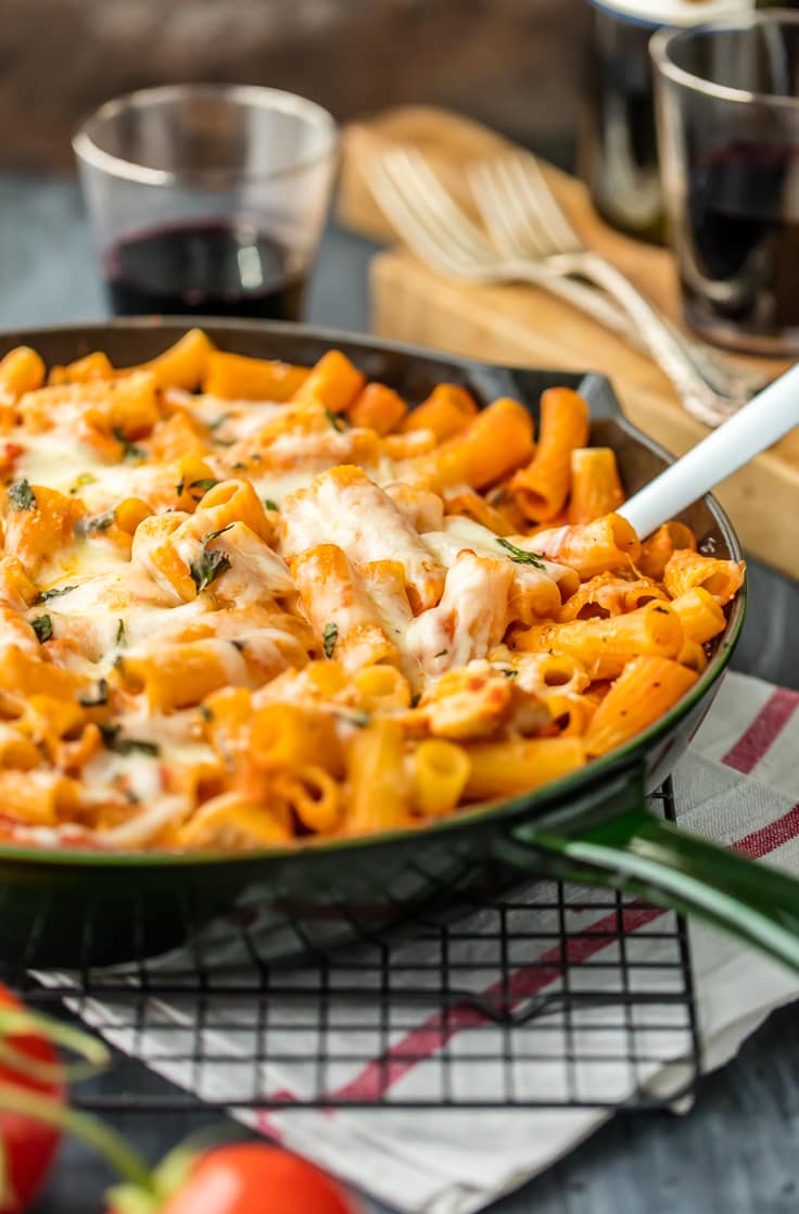 skillet filled with cheesy pasta dish