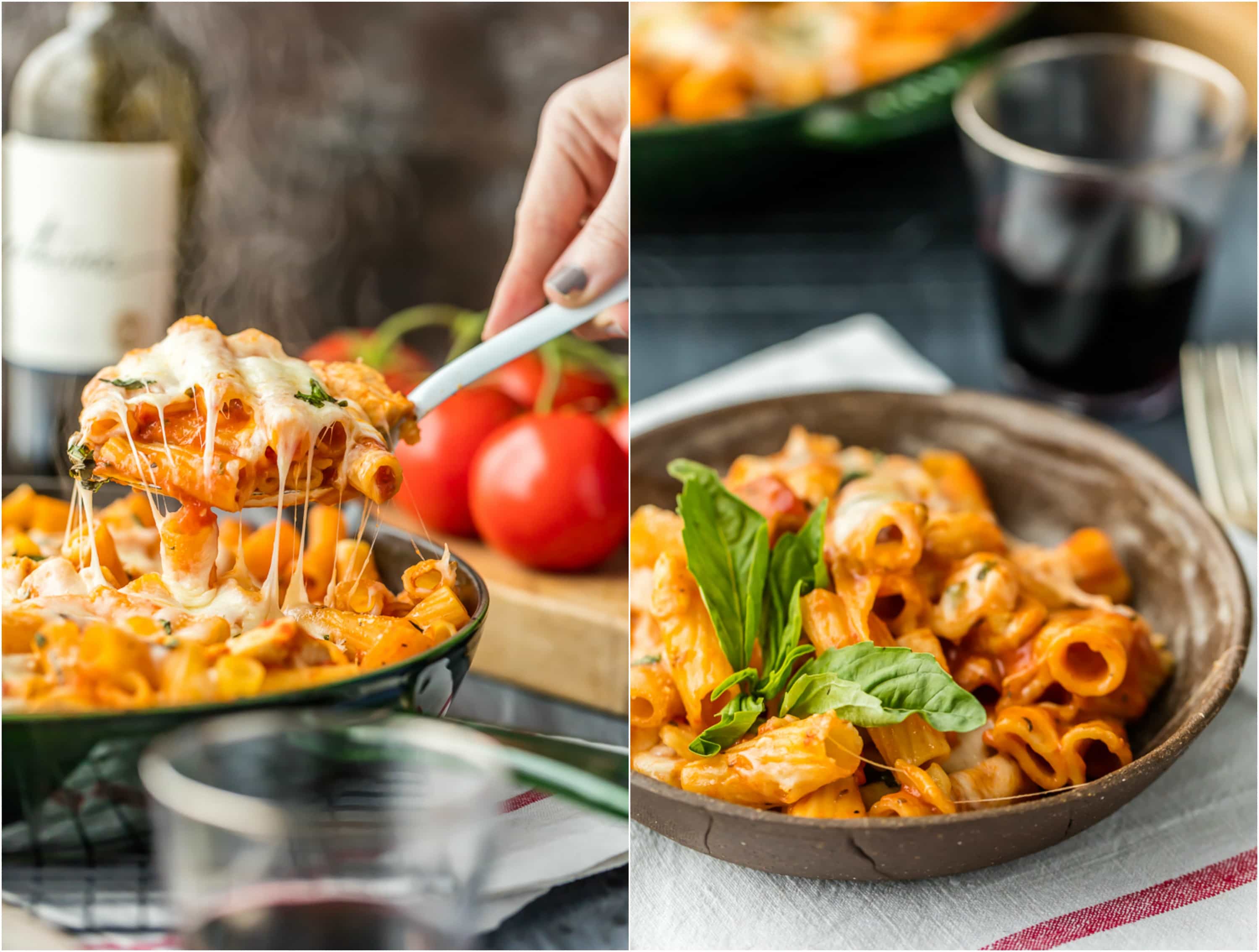 cheese pull shot of chicken parmesan pasta | chicken parm pasta in a bowl