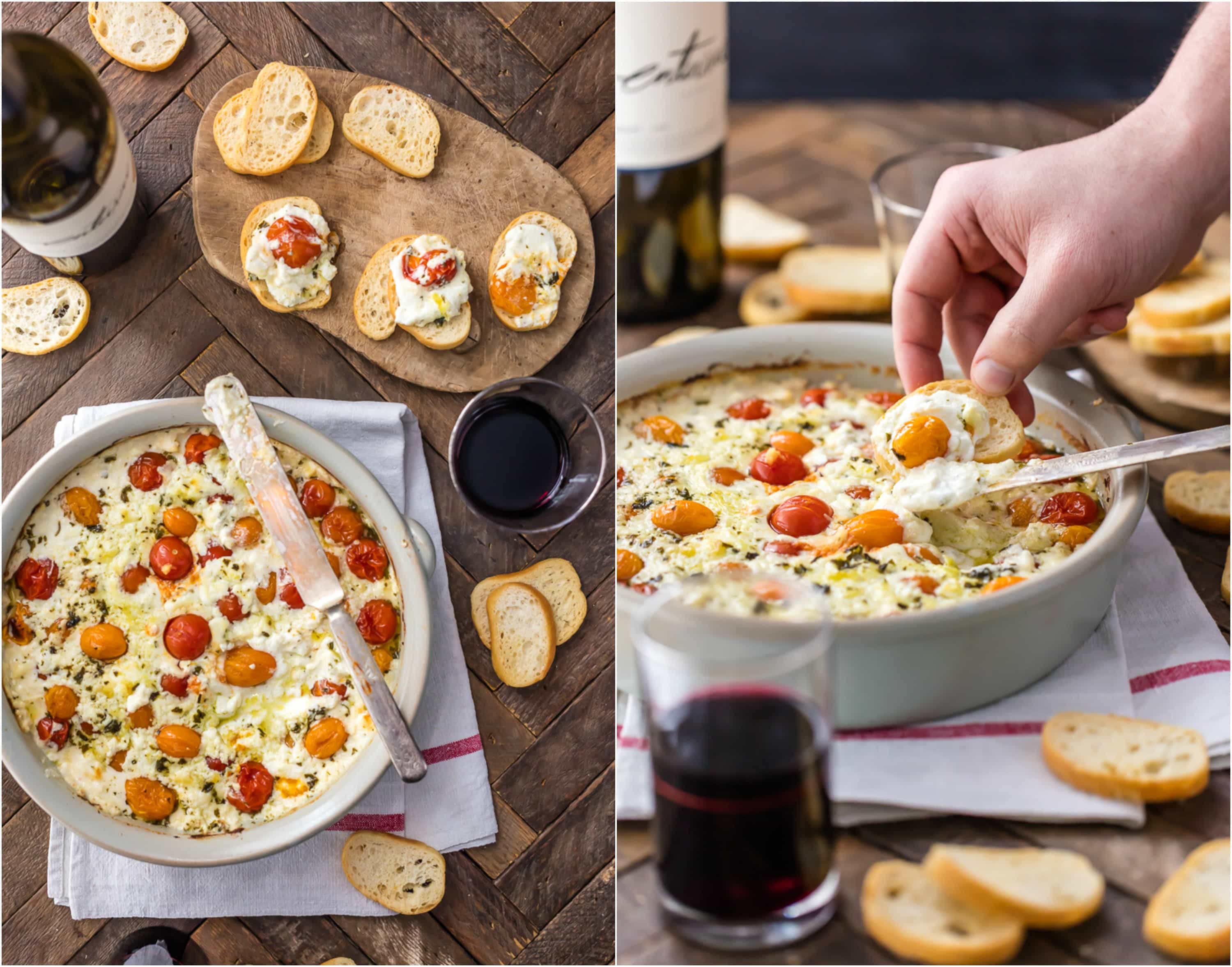 photo collage of a tablesape featuring a bowl of cheese dip