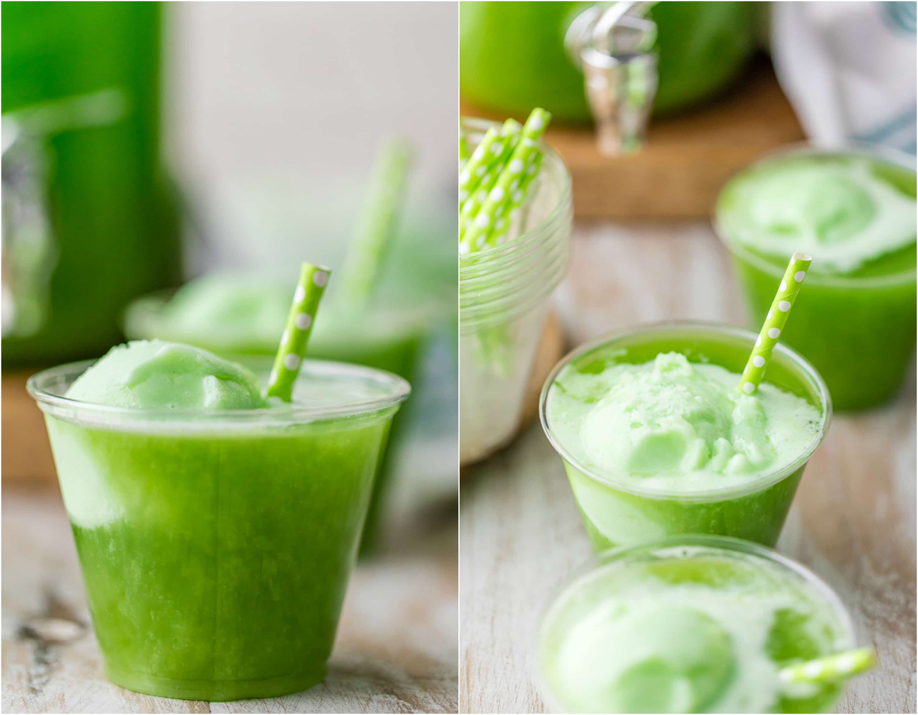 green party punch in plastic cups with green straws