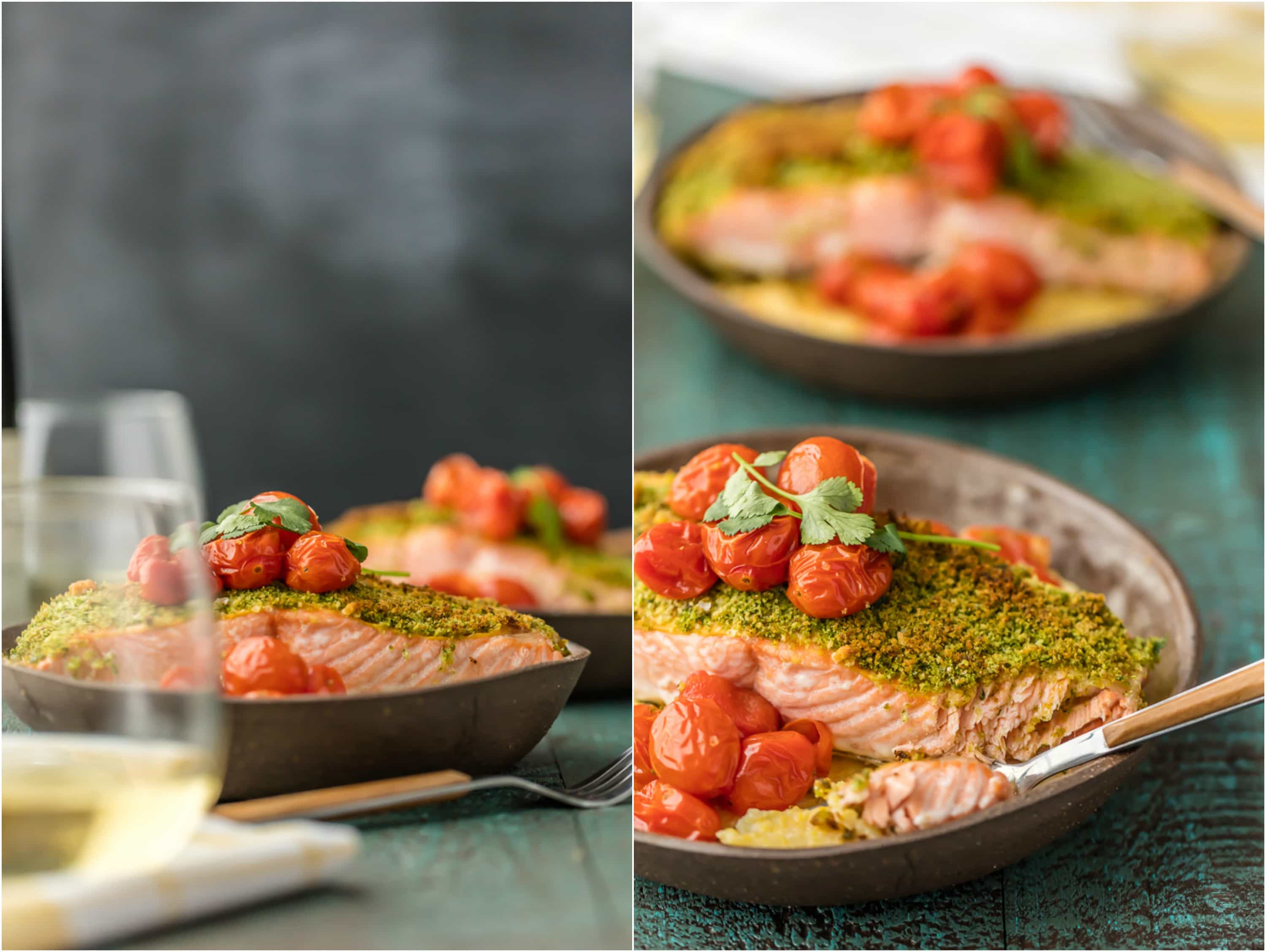 Herb Crusted Salmon with Goat Cheese Polenta on a plate