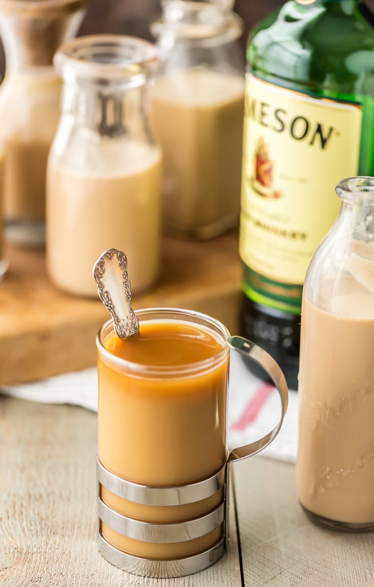 homemade Irish cream drink in a glass with a spoon