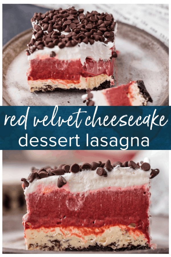 Red Velvet Cheesecake Dessert Lasagna is THE dessert for red velvet lovers! This delicious red velvet dessert is made with layers of cheesecake, chocolate pudding, chocolate chips, and whipped cream. It's creamy and tasty, the perfect Valentine's dessert!