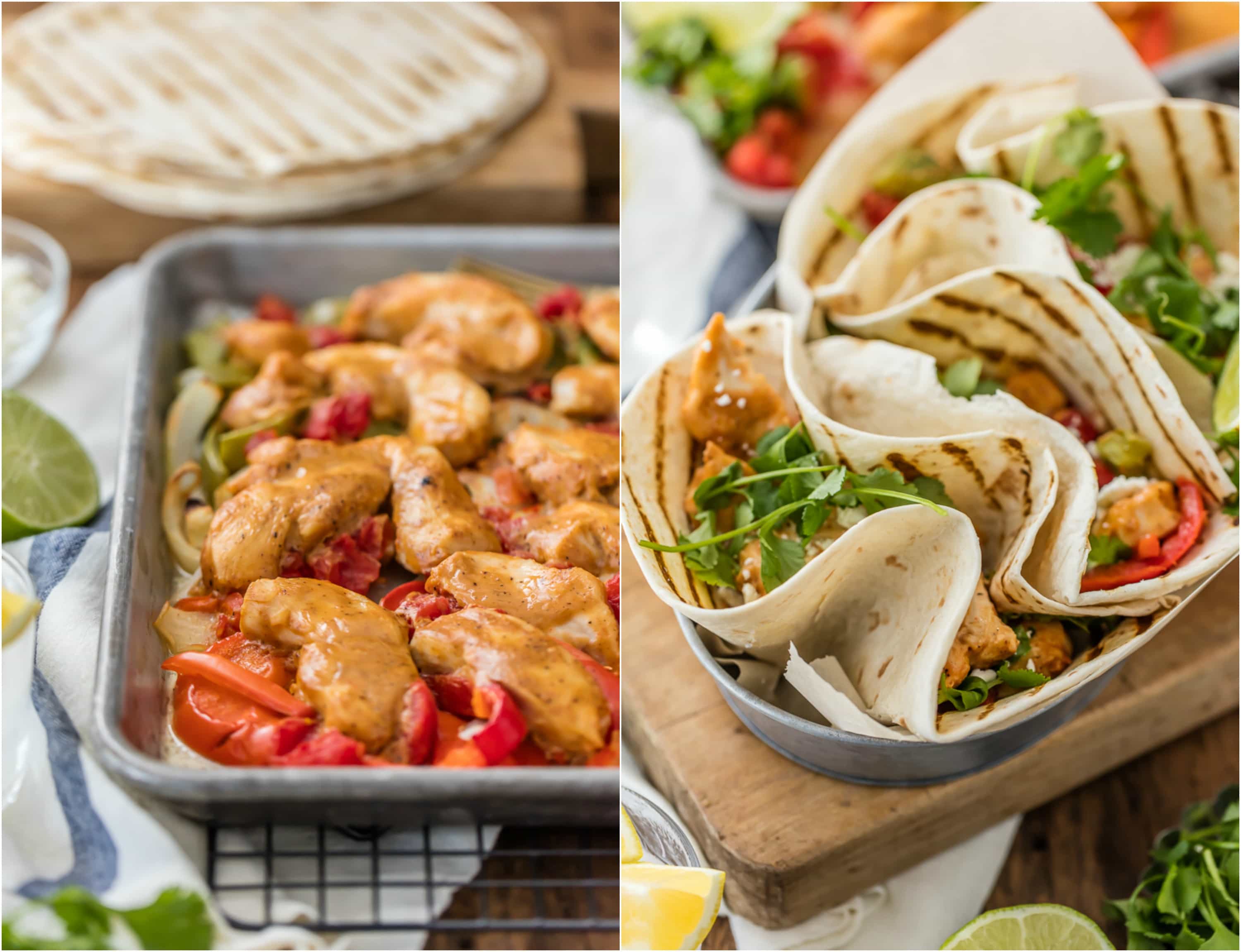 SKINNY BAKED SHEET PAN CHICKEN FAJITAS are our favorite healthy dinner! Such an easy recipe that everyone will love. Made with greek yogurt instead of sour cream! Perfection.