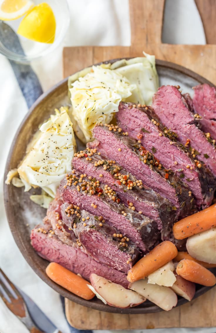 slow cooker corned beef and cabbage on a plate