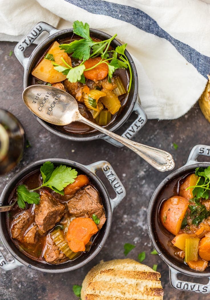 Guinness beef stew served in mini dutch oven bowls