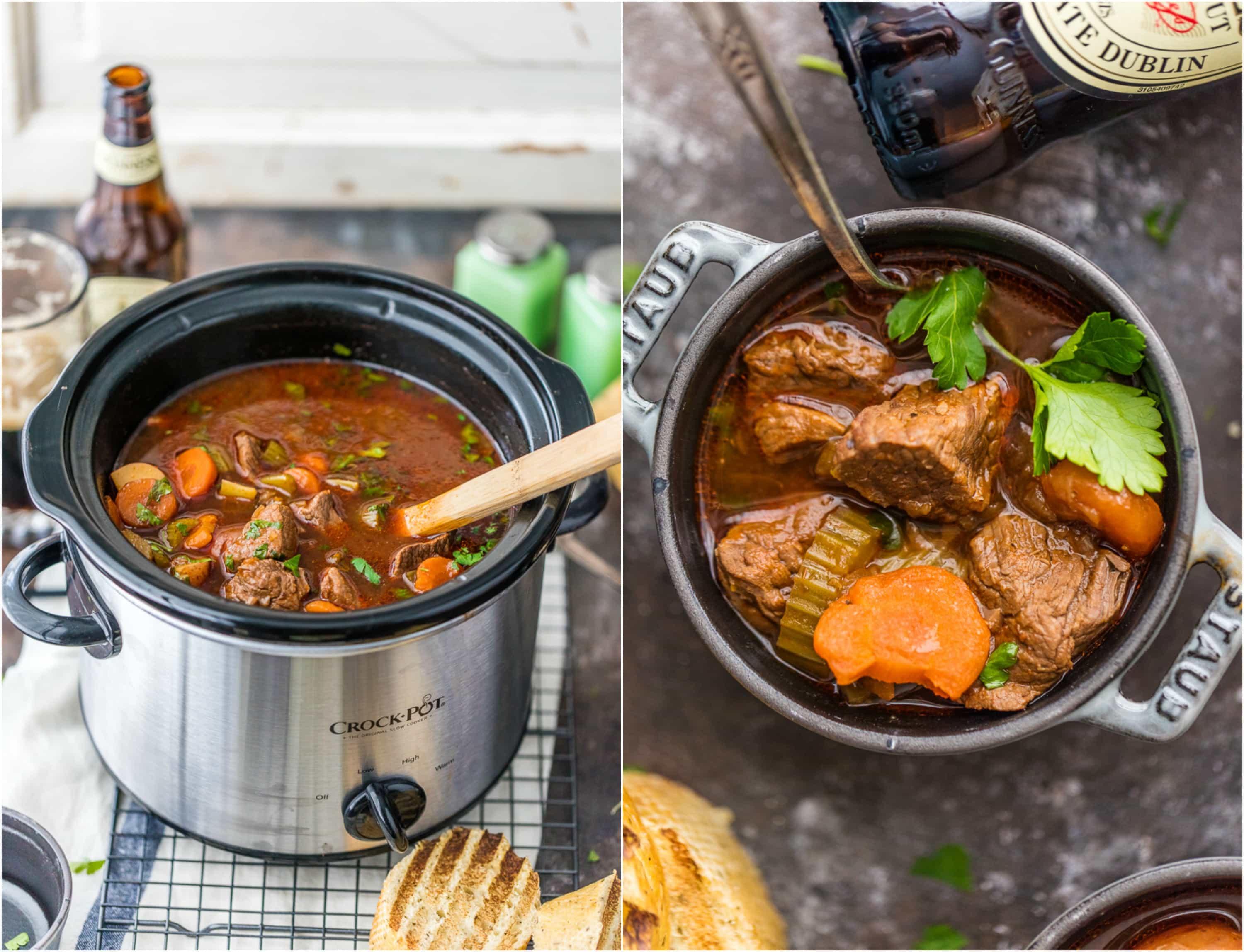 photo collage: left, beef stew in a crockpot; right, beef stew in a bowl