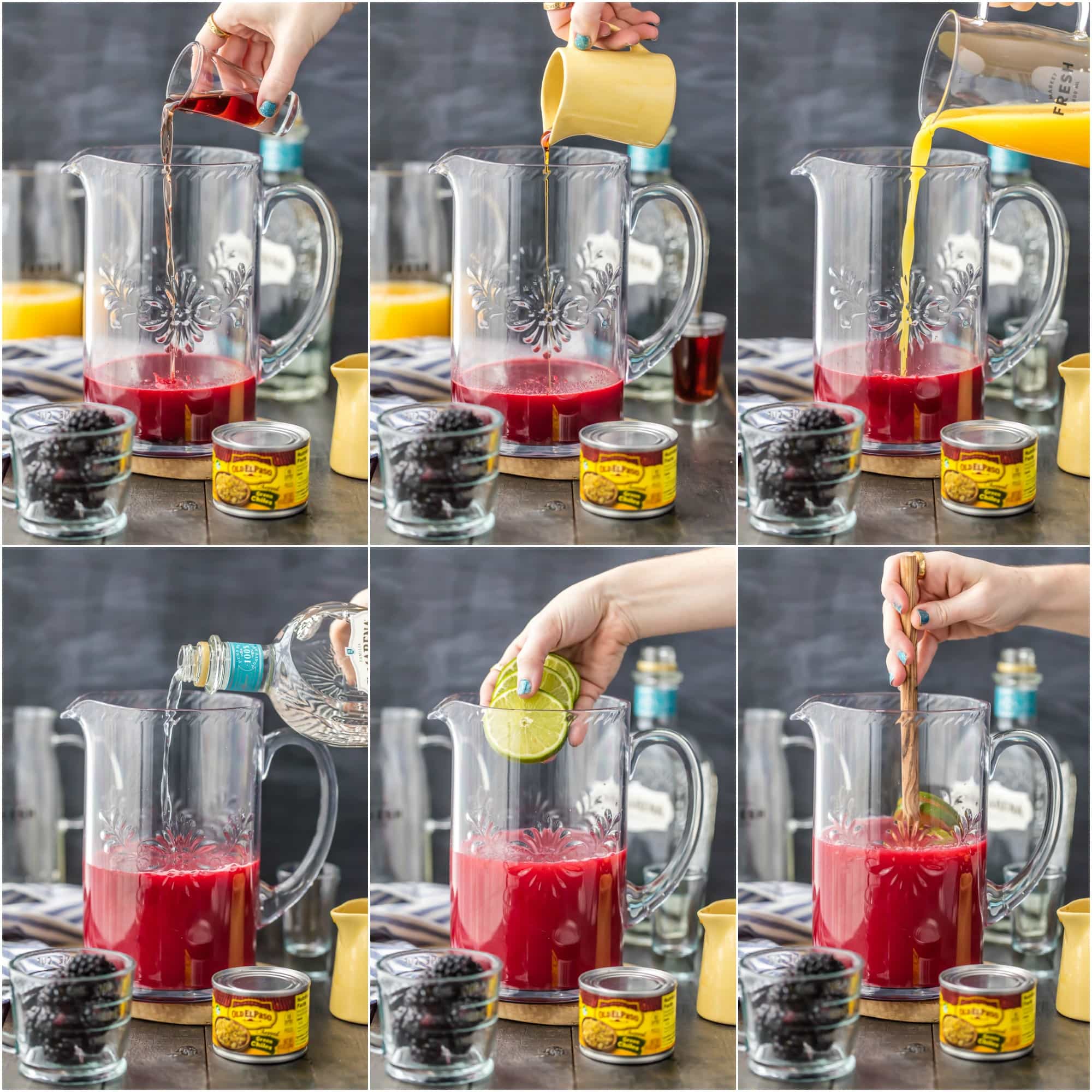 photo collage of step by step process of making a blackberry margarita