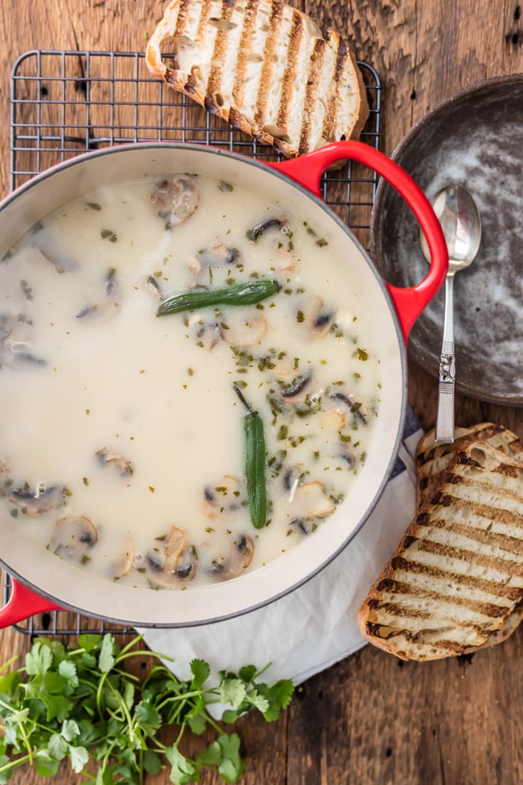 overhead shot of dutch oven filled with creamy soup
