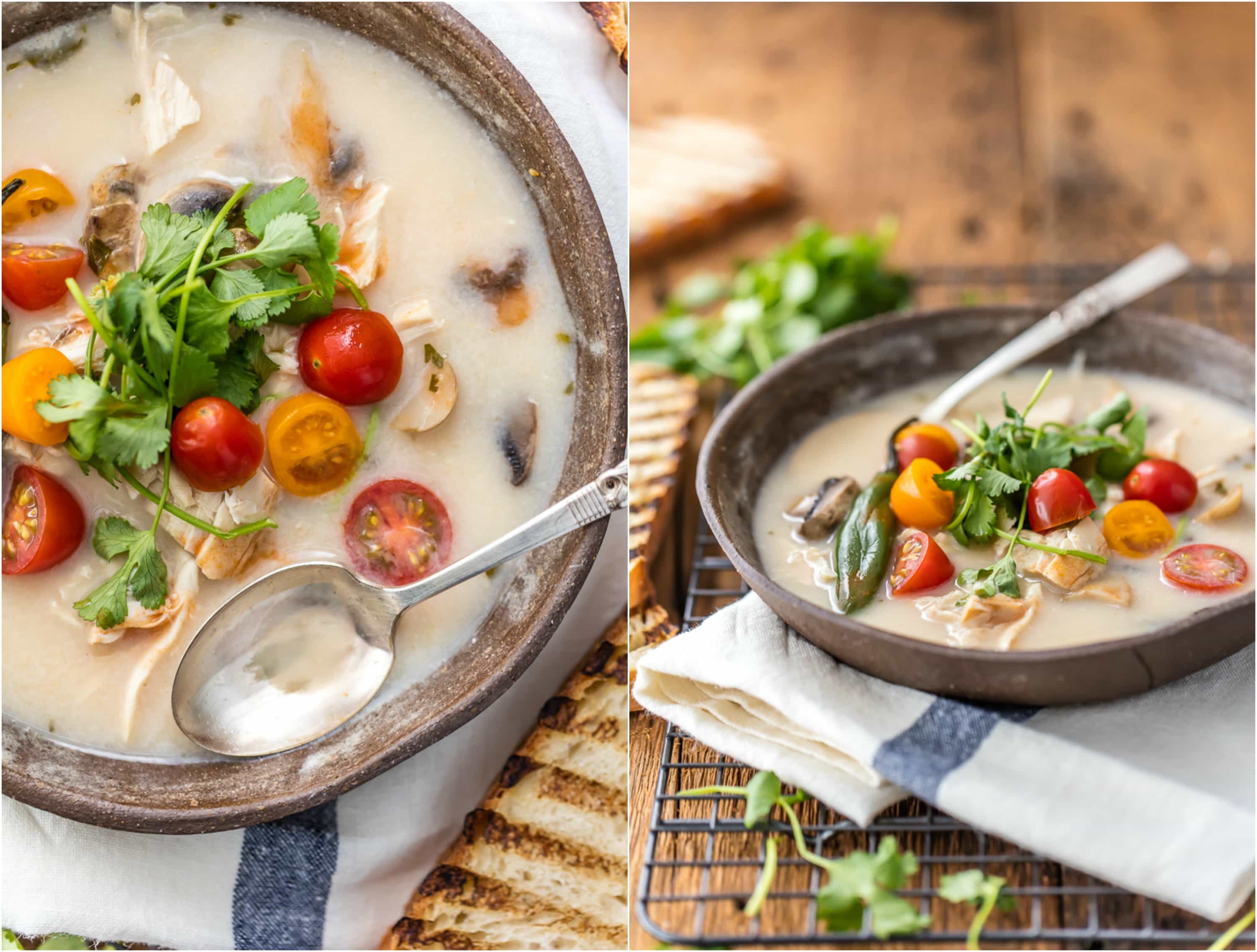 Thai Coconut Chicken Soup is healthy, EASY, and SO DELICIOUS! Loaded with cilantro, mushrooms, chicken, tomato, and chiles; so much flavor in such an easy Thai recipe! Perfect soup recipe!