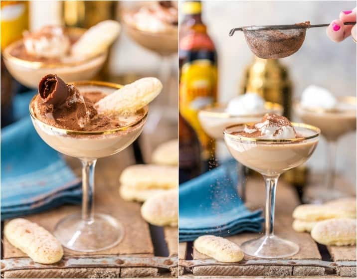 2 pictures of a tiramisu martini topped with lady fingers, chocolate shavings and whipped cream with a blue napkin and a bottle of Kahlua in the background. 