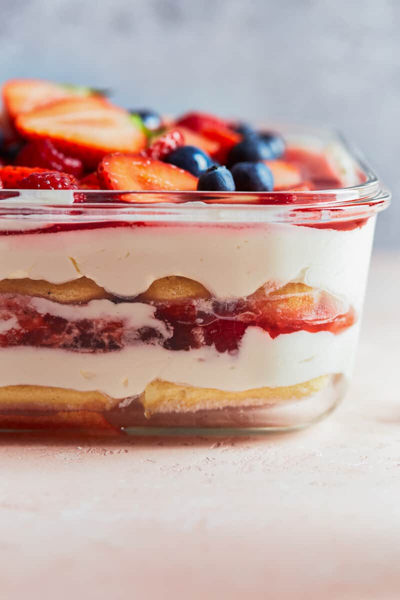 triple berry tiramisu in pan