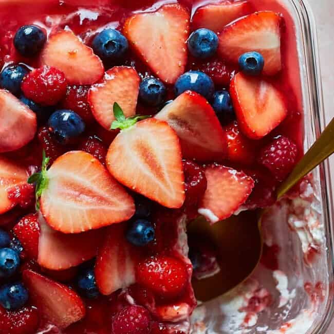 up close triple berry tiramisu in pan