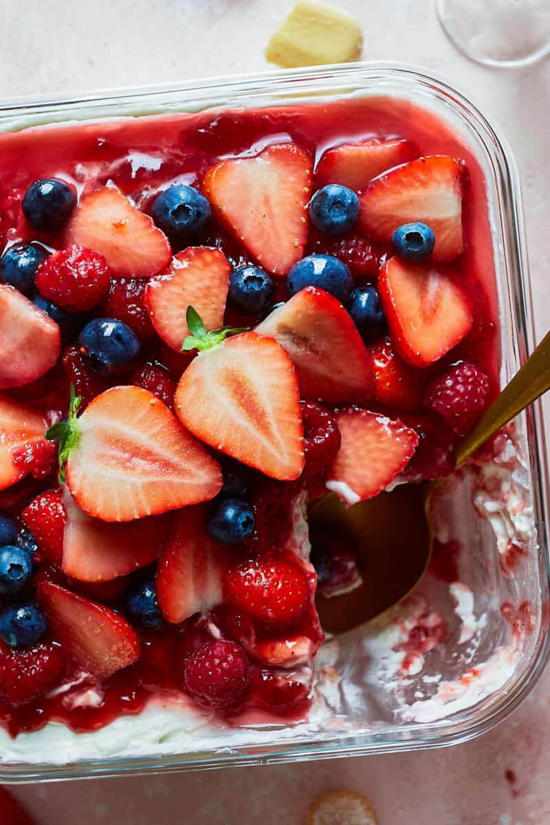 up close triple berry tiramisu in pan