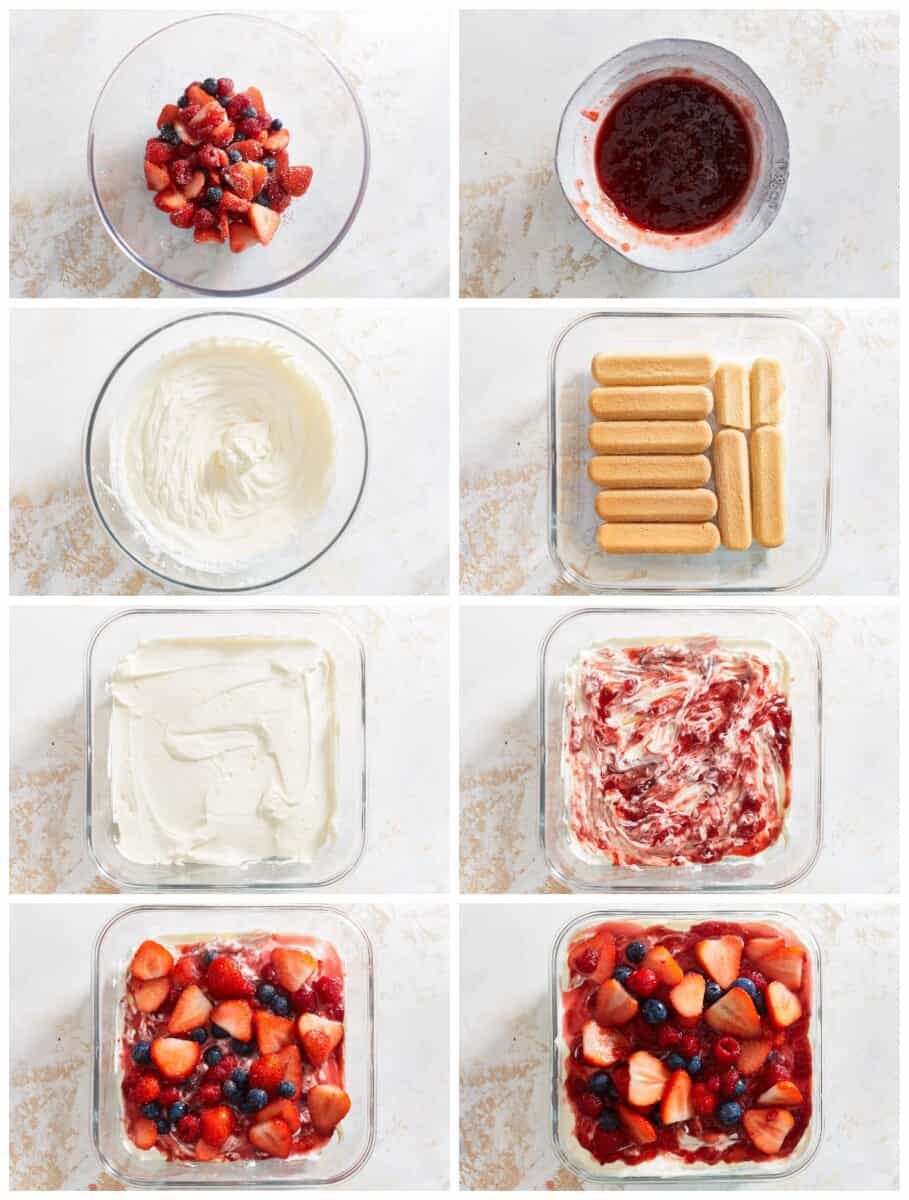 Strawberry Tiramisu with Blueberries and Raspberries is a delicious triple berry dessert! This fruity tiramisu recipe is sweet, beautiful, easy, and SO delicious. It's the perfect easy dessert recipe for Valentine's Day, 4th of July, or any other day of the year! step by step photos for how to make berry tiramisu