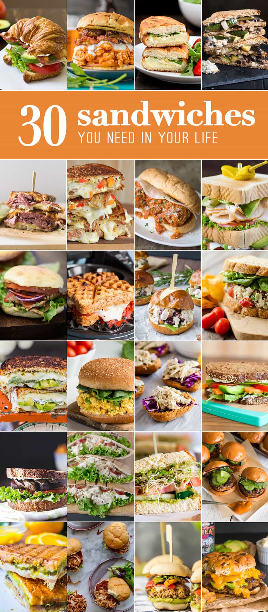 30 Sandwiches! These easy sandwich recipes are some of my favorite meals! Everything from meatball subs to creative grilled cheese recipes. ALL THE BEST SANDWICH RECIPES!