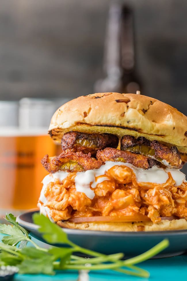 Crockpot Buffalo Chicken Sandwich with Ranch Fried Pickles {VIDEO!!}