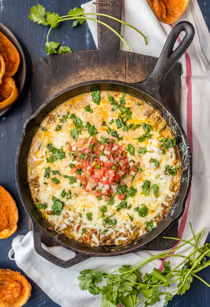 skillet with fried chili cheese dip