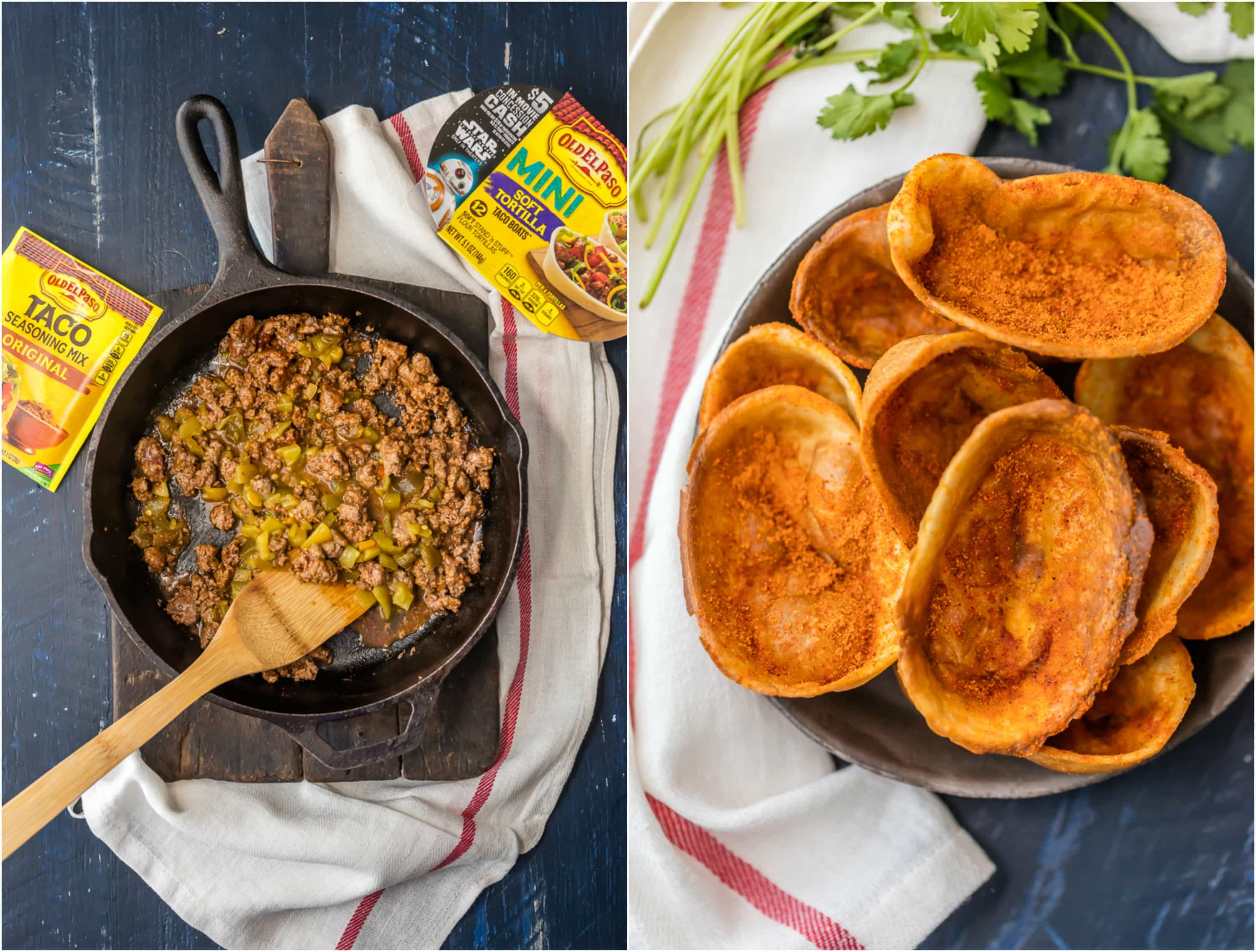 mini tortilla boats and skillet of beef