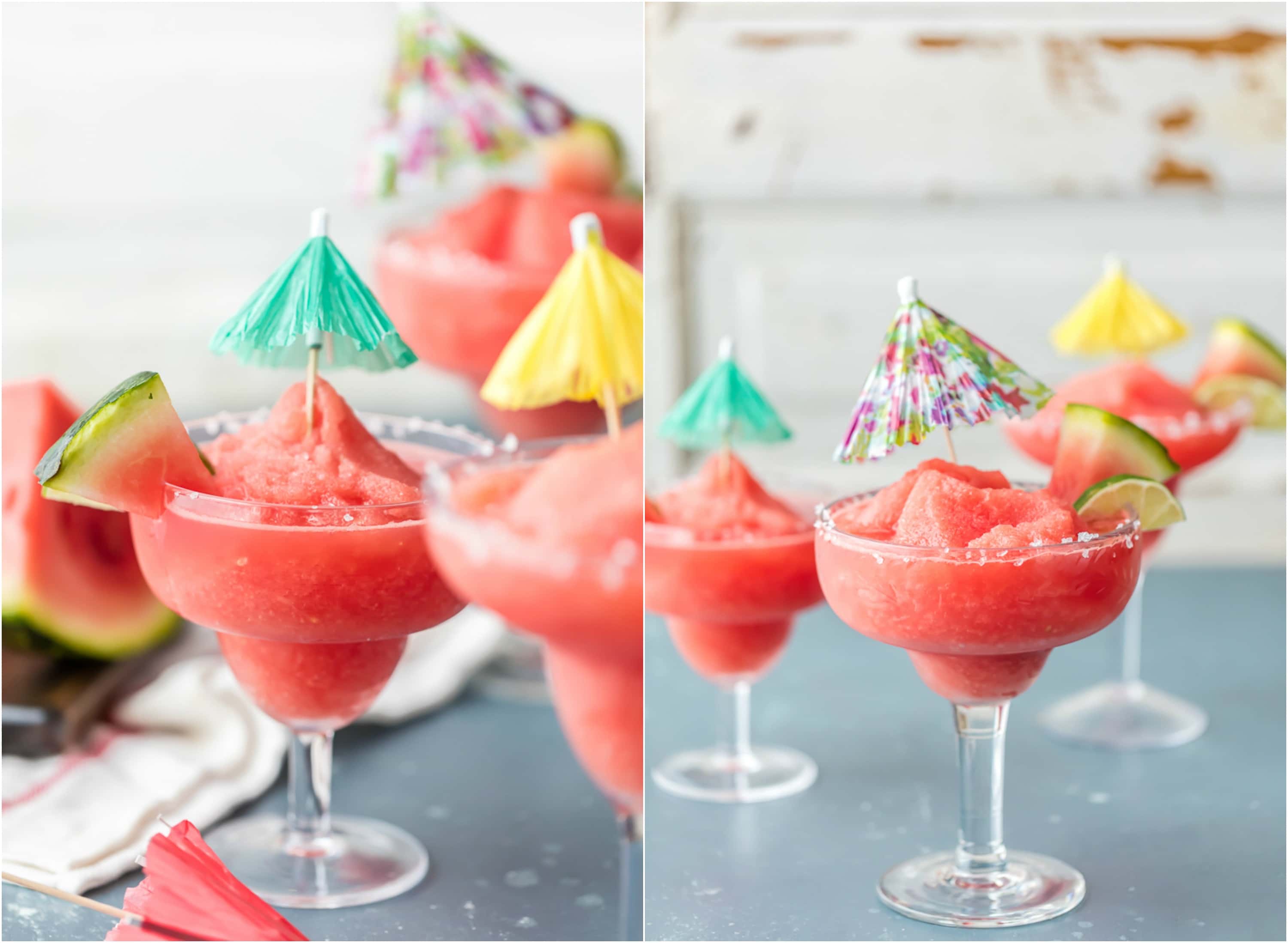 cocktail glasses filled with frozen watermelon margaritas, garnished with paper cocktail umbrellas and fresh watermelon slices