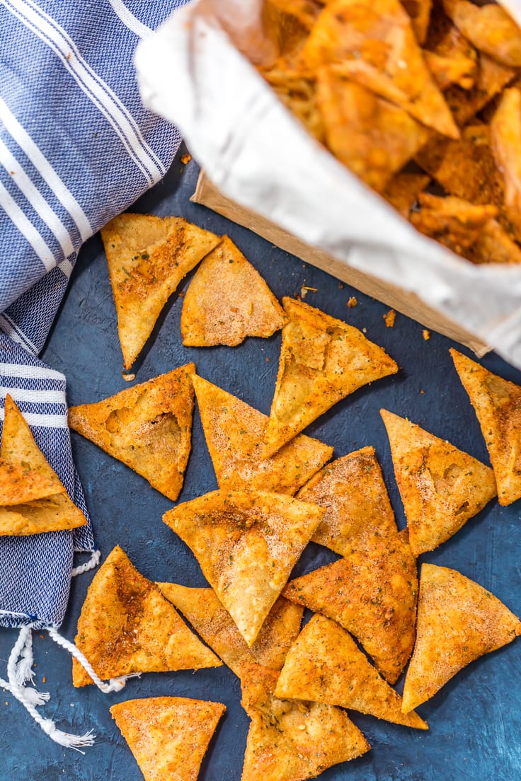 homemade cool ranch doritos arranged on a blue background