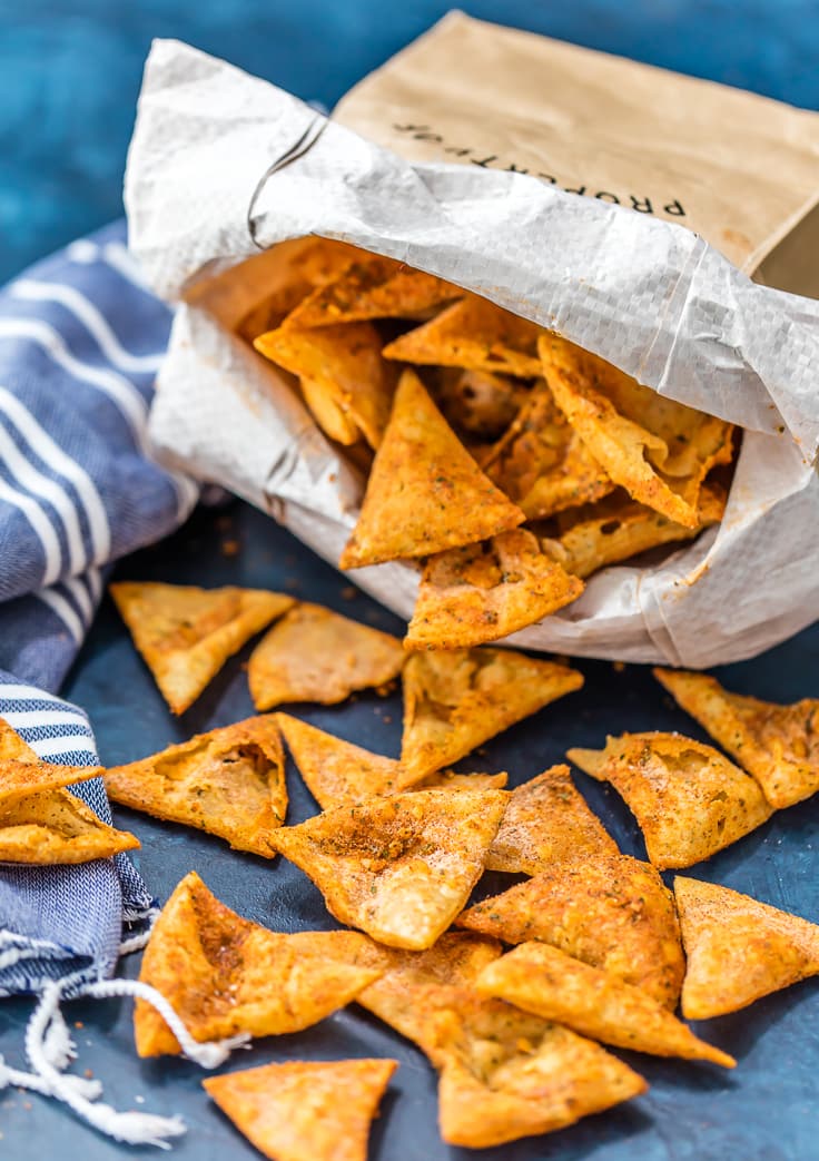 homemade cool ranch doritos pouring out of a paper bag