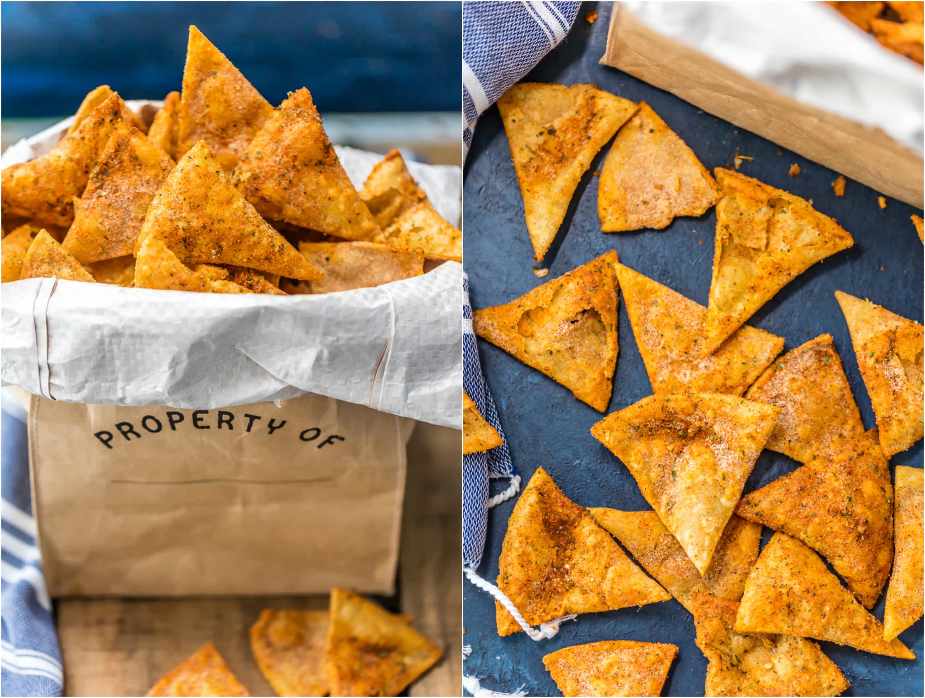 homemade chips in a bag and on blue cloth