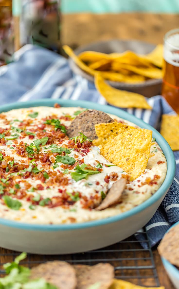 HOT CORN AND BACON BEER CHEESE DIp in a bowl