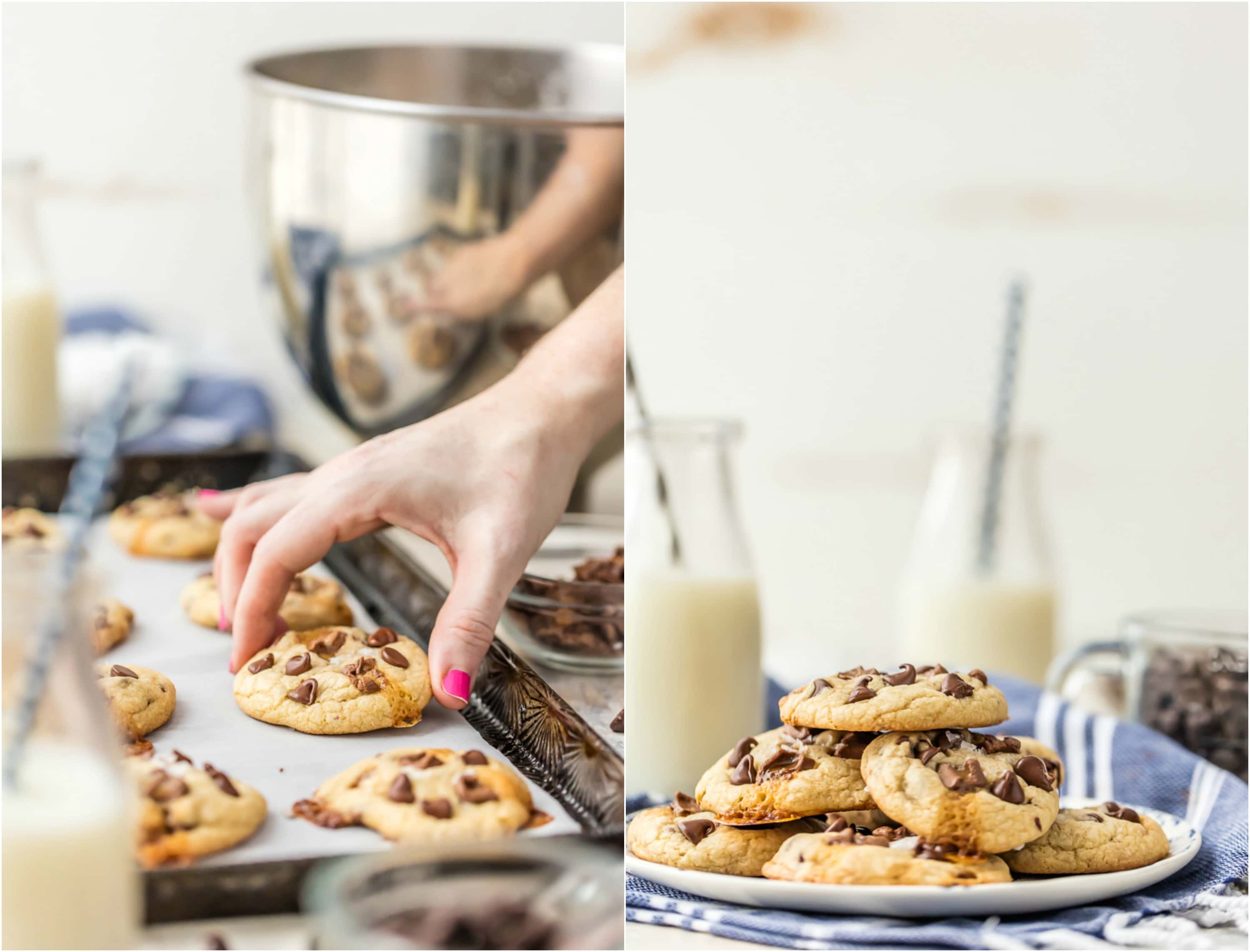 hand grabbing cookie of sheet and cookies on plate